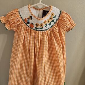 Lil Cactus Autumnal Gingham Smocked Bishop Dress with Sunflowers